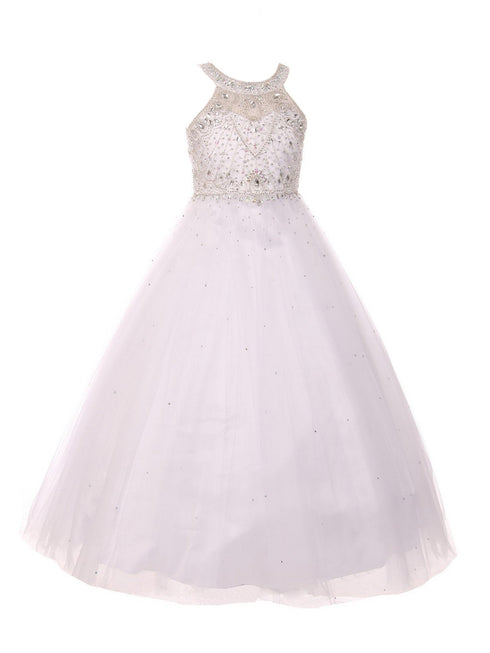 Girls Dazzling Halter Beaded Tulle Special Occasion Dress 4-16 - SophiasStyle.com